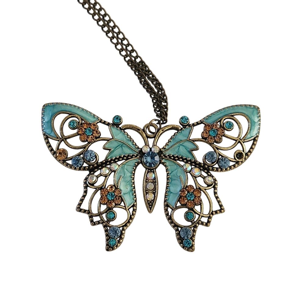 Vintage Style Butterfly Pendant Necklace Blue Rhinestone Filigree Boho
